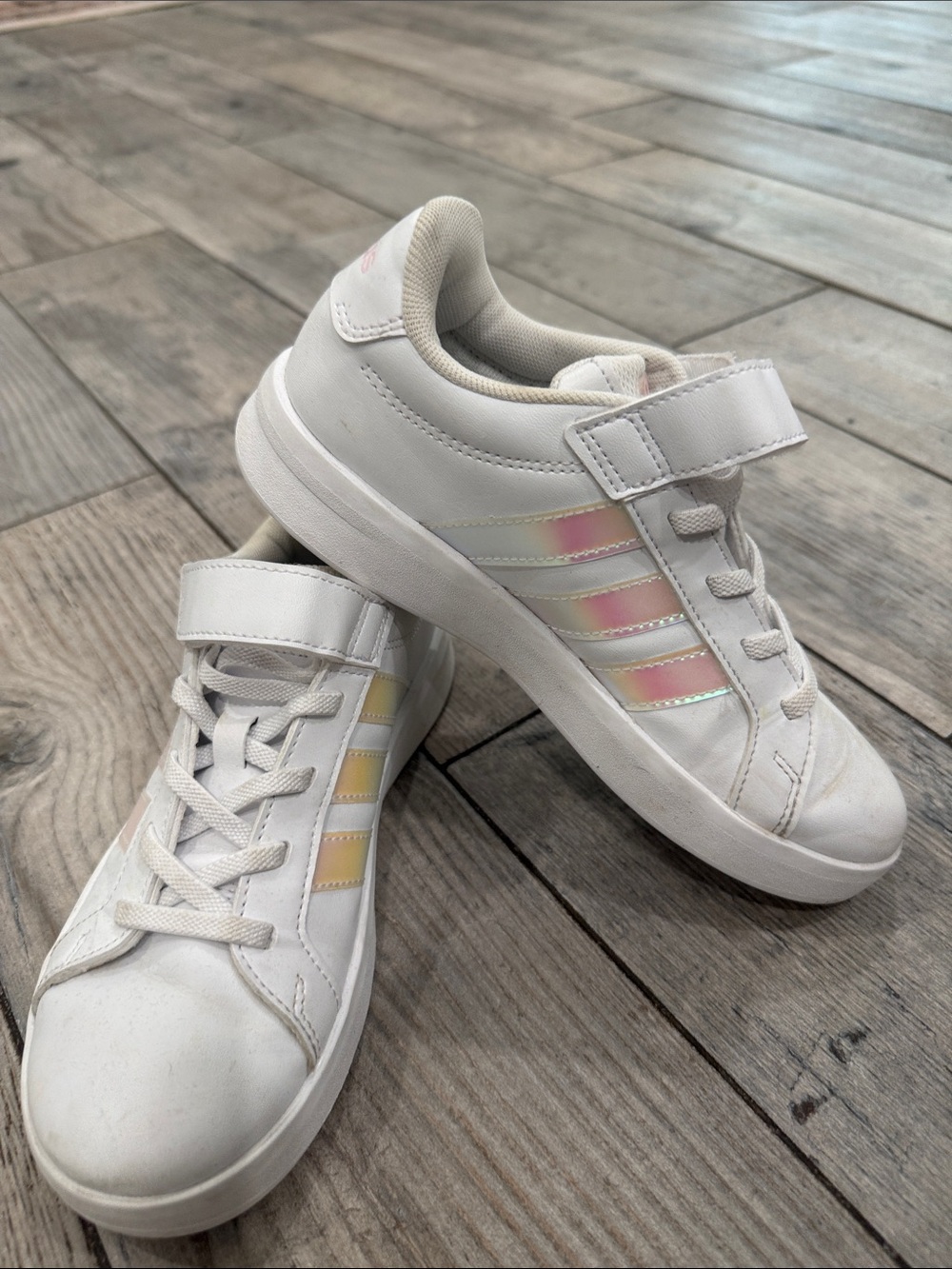 adidas Kids White Sneakers with Iridescent Pink and Yellow Stripes